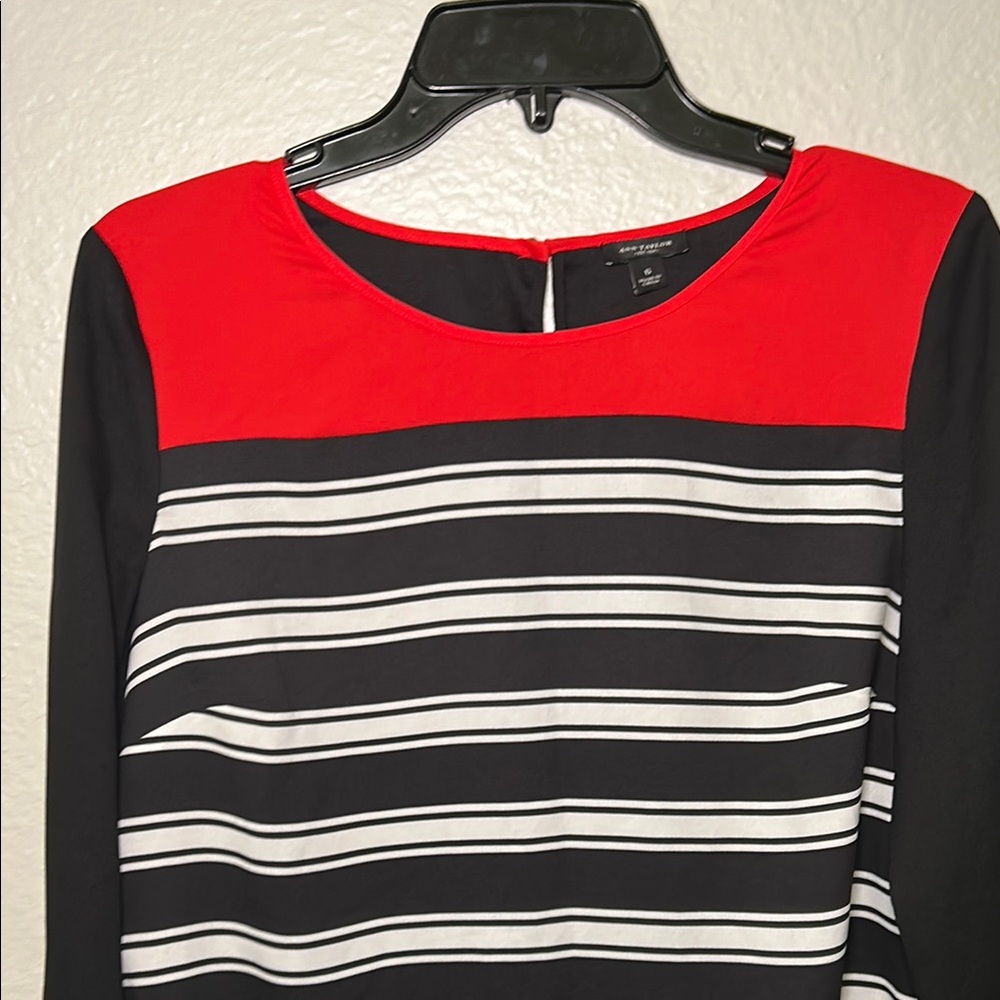 Ann Taylor Red and Black Blouse with Color-Block Design - Picture 3 of 7